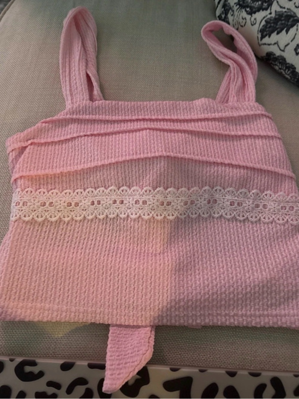 Amazon Pink Ribbed Lace-Trim Tank Top